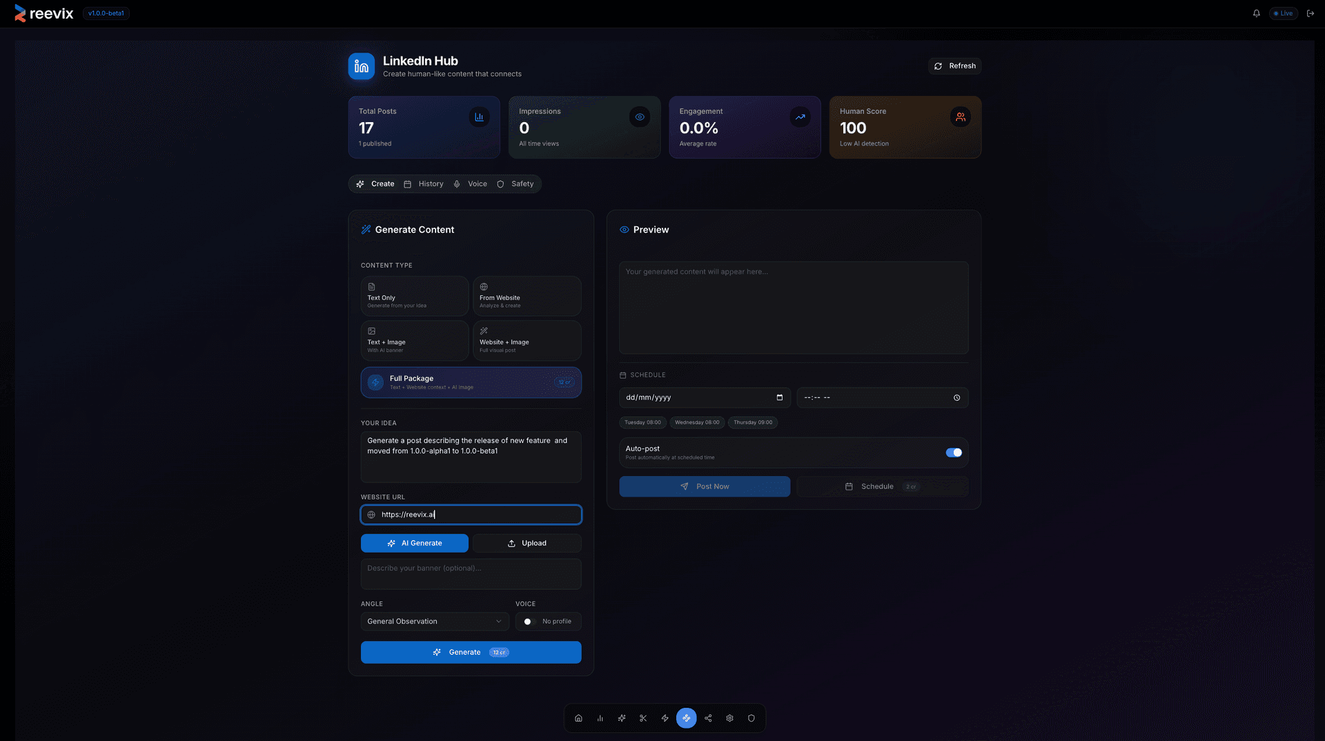 Reevix LinkedIn Hub - Create human-like LinkedIn posts with AI