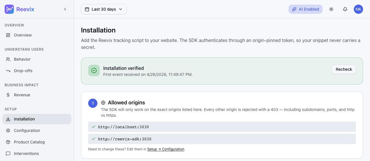 Reevix SDK installation — one script snippet