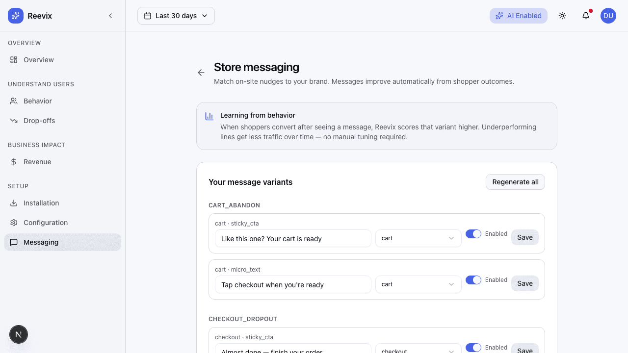 Reevix messaging dashboard with variant management